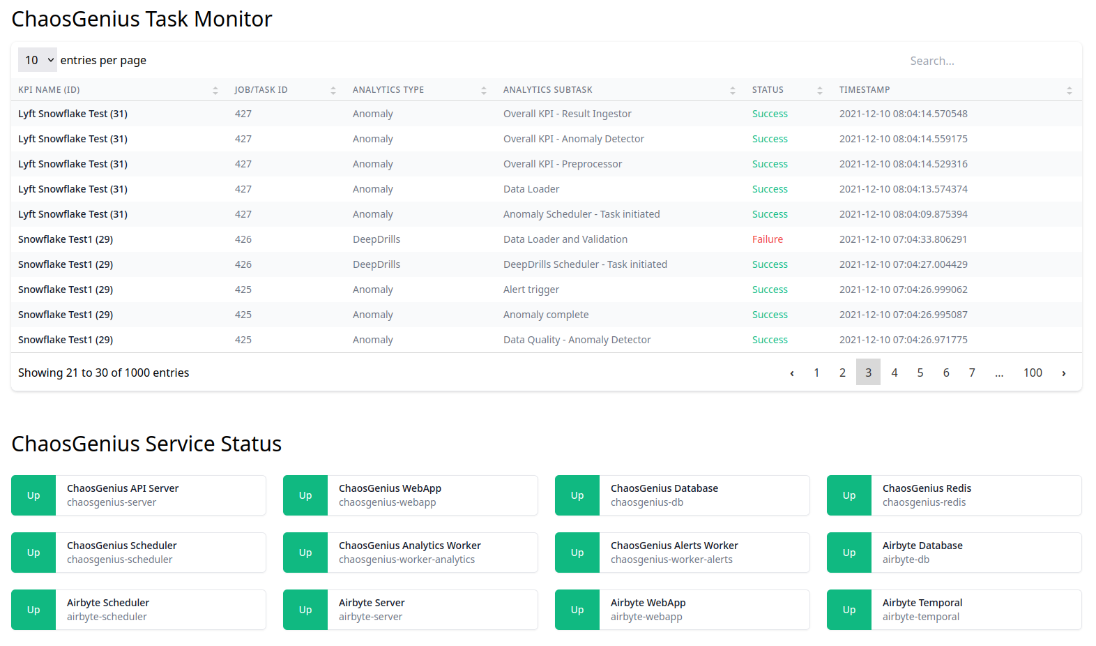 A screenshot of the status page showing the task monitor table and the service status